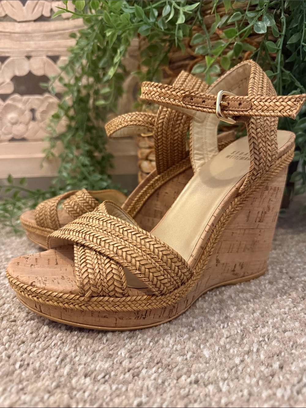 Stuart Weitzman Braided Tan Cork Wedge Sandals